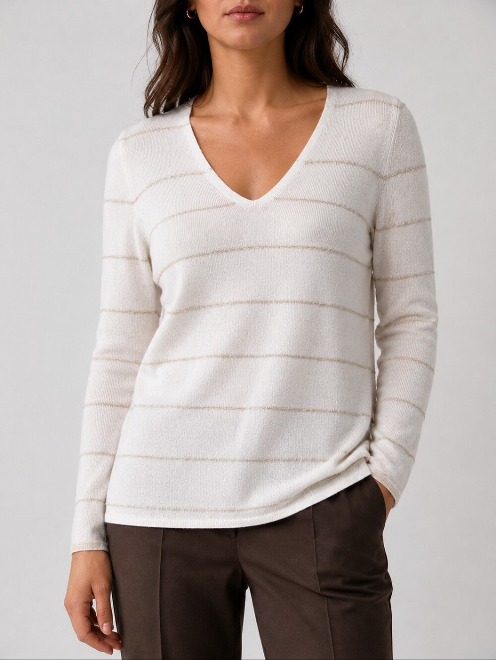 100% Cashmere V Neck Sweater Ivory Cream Metallic Stripe Quiet Luxury Soft Knit